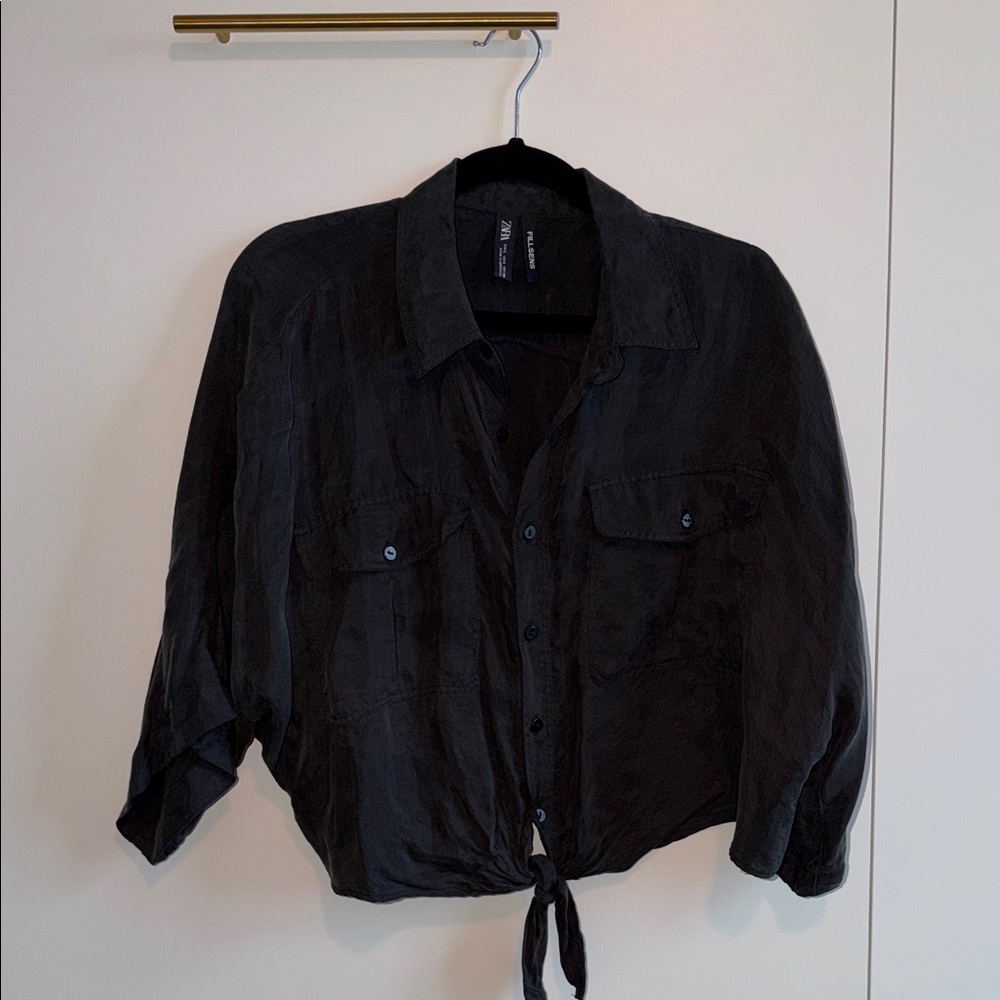 Zara Black Women's Tie Front Button Down Blouse